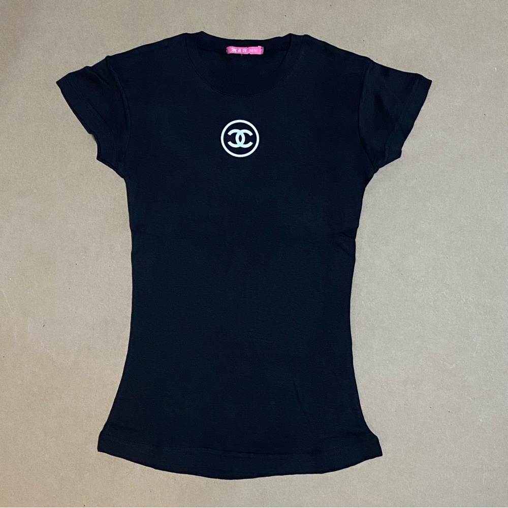 Y2K black baby tee with Chanel double C logo printed on chest
